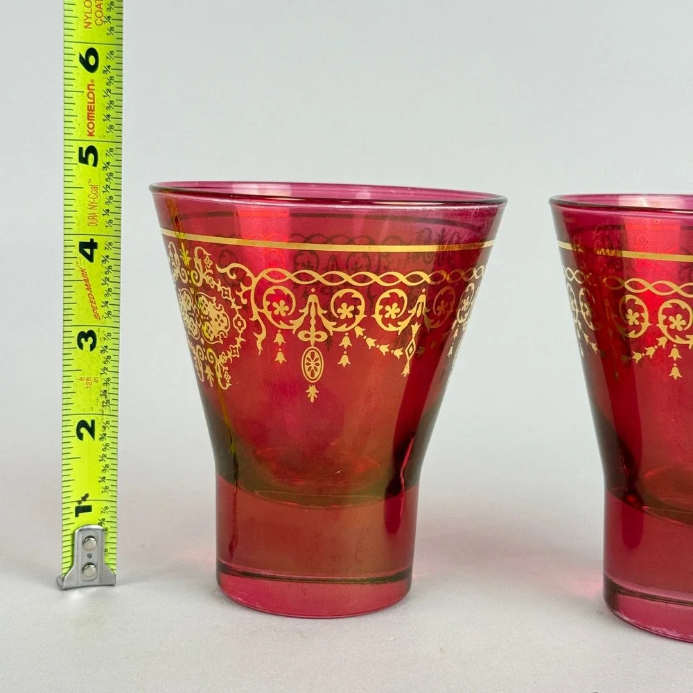 Timon Collezione Ruby Red Glass Tumblers Gold Gilt Floral Scroll Set of 2